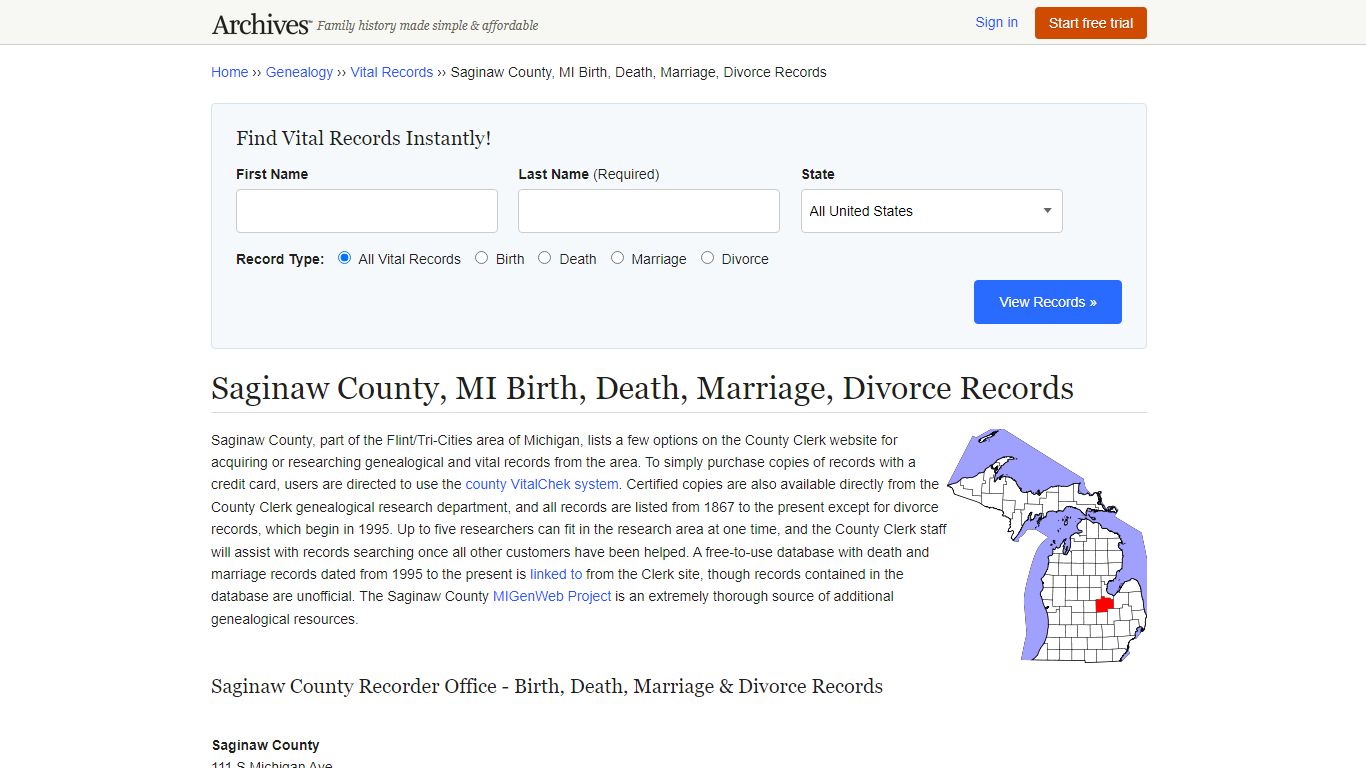Saginaw County, MI Birth, Death, Marriage, Divorce Records - Archives.com